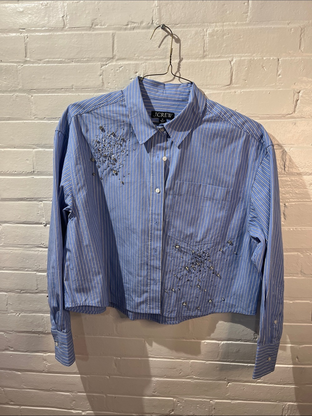 J. Crew Blue and White Striped Button-Down Shirt with Embellishment